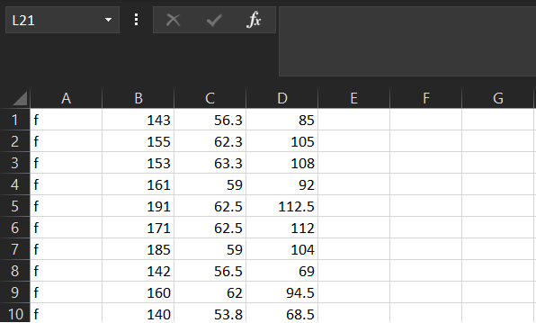 The first 10 rows of regdat.csv